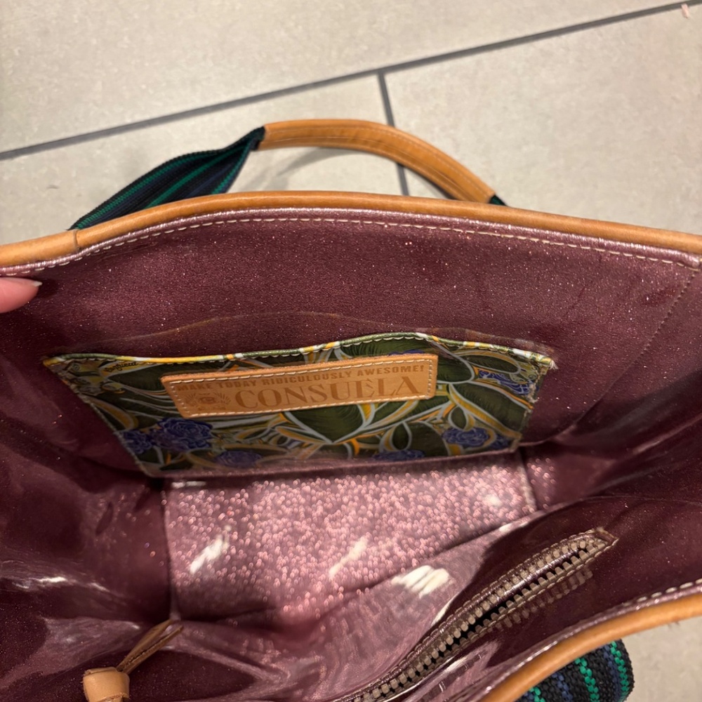 Consuela Navy Glitter Patent Tote with Black/green Sides and Tan Trim - Picture 3 of 10